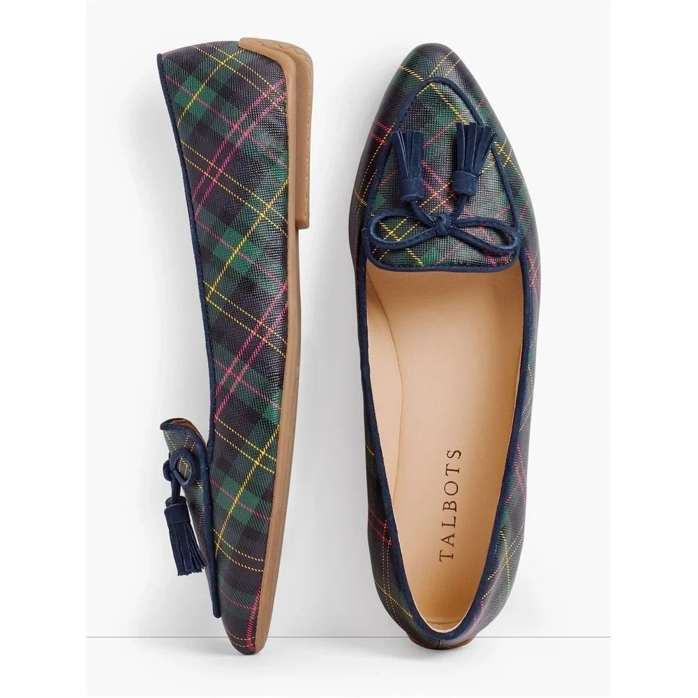 Talbots Tartan Plaid Francesca Tie Tassel Driving Moccasins Size 7.5 Preppy